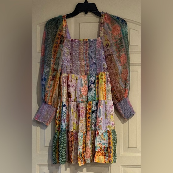 Alice + Olivia Rowen Puff Sleeve Tiered Skirt Tunic Chiffon Mini Dress - Picture 5 of 16